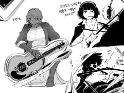  2girls absurdres attack_trail blunt_bangs breasts commentary dawn_office_(identity)_(project_moon) faust_(project_moon) full_body greyscale guitar guitar_case hair_over_eyes headphones highres holding_strap instrument instrument_case jacket jacket_on_shoulders korean_text large_breasts limbus_company microphone monochrome multiple_girls open_clothes open_jacket open_mouth project_moon prosthesis prosthetic_arm ryoshu_(project_moon) shaded_face shirt short_hair sleeves_rolled_up studio_microphone the_g_(bhu204) unlit_cigarette_in_mouth untranslatable_commentary 