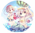  bad_id bikini_top contemporary denim denim_shorts food fruit innertube komeiji_koishi komeiji_satori navel shorts siblings sisters third_eye touhou visor_cap water watermelon 