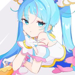  1girl blowing_kiss blue_dress blue_eyes blue_hair bow commentary cure_sky cut_bangs detached_sleeves dress dress_bow earclip fingerless_gloves from_side gloves hair_ornament highres hikota. hirogaru_sky!_precure long_hair looking_at_viewer lying magical_girl multicolored_hair on_stomach parted_lips pink_bow pink_hair precure puffy_detached_sleeves puffy_sleeves single_sidelock sleeveless sleeveless_dress solo sora_harewataru streaked_hair twintails two-tone_dress two-tone_hair very_long_hair white_dress white_gloves wing_hair_ornament 