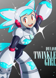  1girl :d aqua_hair arm_up black_bodysuit bodysuit character_name commentary english_commentary eyelashes grey_background highres looking_at_viewer mega_man:_dual_override mega_man_(classic) mega_man_(series) open_mouth red_eyes robot_girl smile solo spoongio teeth twinkle_girl upper_teeth_only 