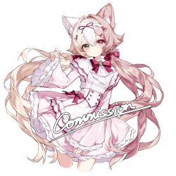  1girl :o animal_ear_fluff animal_ears ascot blonde_hair blush bow bowtie brooch cat_ears cat_girl commentary commission cowboy_shot cropped_legs double-parted_bangs dress dress_bow floating_hair frilled_ascot frilled_dress frilled_hairband frilled_sleeves frills green_eyes hair_between_eyes hair_bow hair_intakes hair_ornament hair_ribbon hairband hairclip hand_up heart heart_print heterochromia highres holding_own_skirt jewelry layered_dress lite_luyu long_hair long_sleeves looking_at_viewer low_twintails multicolored_hair original pink_dress pink_hair red_bow red_bowtie red_eyes red_trim ribbon simple_background solo split-color_hair twintails underbust untranslatable_commentary very_long_hair watermark white_ascot white_background white_hair wide_sleeves 