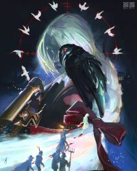  1girl bird closed_mouth colored_skin crosshair crow dark deadlock_(game) grey_skin highres looking_at_viewer night portrait purple_lips red_eyes shleepyben solo_focus vindicta_(deadlock) walking white_hair 