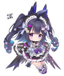  1girl absurdres ahoge aqua_hair artist_name bird_tail blush chibi chibi_only colored_inner_hair commentary decora enna_alouette enna_alouette_(maid) full_body head_wings highres long_hair looking_at_viewer low_wings maid maid_headdress multicolored_hair nijisanji nijisanji_en oven_mitts purple_hair signature simple_background single_fishnet_legwear smile solo tail twitter_username two_side_up untranslatable_commentary usari_sk violet_eyes virtual_youtuber white_background wings wolf_cut 