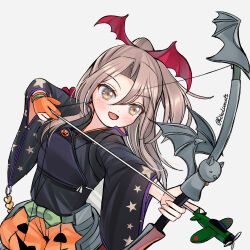  1girl aiming aircraft airplane arrow_(projectile) bat_wings black_kimono bow_(weapon) brown_eyes commentary_request dated_commentary grey_background hakama hakama_shorts highres jack-o'-lantern_print japanese_clothes kantai_collection kimono lacecats one-hour_drawing_challenge orange_shorts ponytail shorts simple_background solo weapon wide_sleeves wings zuihou_(halloween)_(kancolle) zuihou_(kancolle) 