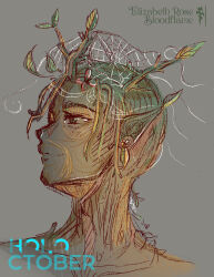  1boy branch commentary earrings elizabeth_rose_bloodflame_(artist) english_commentary flower green_eyes green_hair hair_flower hair_ornament highres jewelry original silk smile solo spider_web too_literal upper_body 