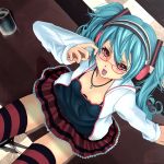  1girl aqua_hair coppelia_(futamine) glasses hatsune_miku headphones highres jewelry kocchi_muite_baby_(vocaloid) long_hair necklace open_mouth project_diva project_diva_2nd red_eyes sitting skirt solo striped striped_legwear thighhighs twintails vocaloid 