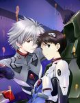  blue_eyes brown_hair cockpit grey_hair ikari_shinji male multiple_boys nagisa_kaworu neon_genesis_evangelion official_style plugsuit red_eyes satori_(mari) short_hair smile 