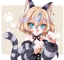  1girl animal_ears black_nails blonde_hair blue_eyes blue_hair cat_ears cat_tail clarissa_toothedge commentary_request highres magical_girl mahou_shoujo_ikusei_keikaku mahou_shoujo_ikusei_keikaku_breakdown multicolored_hair open_mouth paw_print paw_print_background qoo_1025 short_hair smile tail 