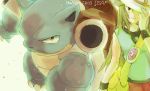  1girl bad_id bag blastoise blue_(pokemon) brown_hair character_name chonmage_glasses hat long_hair pokemon pokemon_(creature) pokemon_(game) pokemon_frlg pokemon_trainer smile title_drop vs_seeker 