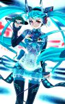  android aqua_hair collar detached_sleeves hatsune_miku highres kimura_3104 long_hair looking_at_viewer musical_note nail_polish necktie pink_eyes see-through solo thigh-highs thighhighs twintails very_long_hair vocaloid 