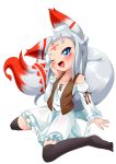  1girl animal_ears blue_eyes blush flat_chest fox_ears fox_tail long_hair open_mouth original simple_background sitting smile solo tail ukan_muri wariza white_background 