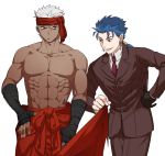  archer avenger_(cosplay) bandana bandanna bazett_fraga_mcremitz bazett_fraga_mcremitz_(cosplay) blue_hair dark_skin fate/hollow_ataraxia fate_(series) formal grey_eyes handwraps lancer long_hair male multiple_boys necktie ponytail red_eyes san_moto shirtless single_glove suit white_hair 