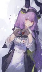  1girl absurdres alternate_costume apron arknights arknights:_endfield ascot black_ascot black_dress black_gloves black_hairband black_horns black_ribbon bow closed_mouth commentary_request cowboy_shot dress enmaided gloves grey_background hair_ribbon hairband heart heart_hands highres horns long_dress long_hair long_sleeves looking_at_viewer maid mumu_millhayes pink_eyes purple_hair ribbon solo typhoeus_(arknights) typhon_(arknights) white_apron white_bow 