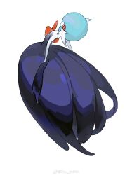  1girl absurdres alternate_color arched_back backless_dress backless_outfit black_dress black_gloves blue_hair bob_cut chinese_commentary colored_skin commentary_request dress elbow_gloves flat_chest from_behind full_body gardevoir gloves highres leaning_back long_dress looking_at_viewer looking_back mega_gardevoir mega_pokemon original pokemon pokemon_(creature) red_eyes shiny_pokemon short_hair simple_background solo standing strapless strapless_dress tou_shikin watermark weibo_watermark white_background white_skin 