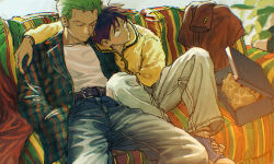  2boys abaraya alternate_costume arm_around_shoulder belt belt_buckle black_hair blue_pants buckle closed_eyes closed_mouth commentary couch denim earrings feet_out_of_frame green_hair green_jacket hand_in_pocket highres jacket jeans jewelry looking_to_the_side male_focus monkey_d._luffy multiple_boys on_couch one_piece open_clothes open_jacket pants roronoa_zoro scar scar_across_eye scar_on_face shirt shoes short_hair sitting sneakers white_shirt 