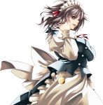  apron braid breasts hair_ribbon hair_tucking highres impossible_clothes izayoi_sakuya maid maid_headdress open_mouth pocket_watch red_eyes ribbon short_hair silver_hair simple_background solo touhou waist_apron watch white_background yoiti 