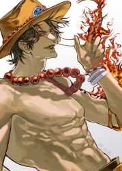  1boy abs absurdres arm_tattoo artist_name bead_necklace beads black_hair bracelet brown_hat commentary_request cowboy_hat fire freckles hat highres jewelry korean_commentary looking_at_viewer male_focus necklace nipples one_piece open_mouth short_hair simple_background solo tattoo topless_male upper_body watermark white_background y_in_23 