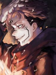  1boy arm_tattoo closed_mouth commentary_request extra_eyes facial_tattoo highres jujutsu_kaisen jujutsu_tech_uniform pink_hair red_eyes ryoumen_sukuna_(jujutsu_kaisen) short_hair smile solo tattoo tiofghln 