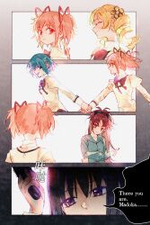  5girls absurdres akemi_homura birthday black_bow black_hair blonde_hair blue_eyes blue_hair bow bowtie drill_hair flower_hairclip green_hoodie gun hair_bow hair_ribbon highres holding holding_gun holding_hands holding_weapon hood hoodie jewelry juliet_sleeves kaname_madoka long_hair long_sleeves mahou_shoujo_madoka_magica mahou_shoujo_madoka_magica_(anime) medium_hair miki_sayaka mitakihara_school_uniform multiple_girls parted_lips pink_eyes pink_hair ponytail puffy_sleeves red_bow red_bowtie red_eyes red_hair red_ribbon ribbon ring sakura_kyoko school_uniform shirt short_twintails soul_gem_(madoka_magica) square_neckline sweater tomoe_mami twin_drills twintails violet_eyes weapon white_shirt yellow_sweater yijiao_wuran 