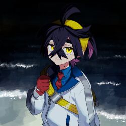  1boy absurdres bag beach black_hair blue_shirt closed_eyes closed_mouth collared_shirt commentary crossed_bangs gloves hair_between_eyes hairband highres jacket kieran_(pokemon) long_sleeves looking_at_viewer male_focus multicolored_hair night outdoors partially_fingerless_gloves pokemon pokemon_scarlet_and_violet poyo_128 purple_hair red_gloves shirt solo upper_body water white_jacket yellow_bag yellow_eyes yellow_hairband 