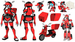  1girl aqua_eyes autobot belt_pouch black_hair box commentary english_commentary holding holding_box index_fingers_together jeetdoh motor_vehicle multiple_views on_scooter original pizza_box pouch riding riding_scooter robot robot_girl sad science_fiction scooter short_twintails side-view_mirror simple_background smile teardrop transformers twintails visor_cap wheel white_background 