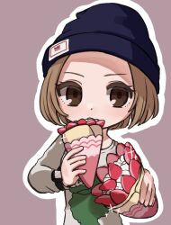 1girl andou_makoto beanie brown_eyes brown_hair commentary_request crepe food fruit hat holding holding_crepe holding_food mahou_shoujo_ikusei_keikaku mahou_shoujo_ikusei_keikaku_unmarked one-hour_drawing_challenge purple_background qoo_1025 short_hair strawberry watch watch 