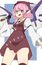  1girl :d be_yu bird_girl bird_wings blue_background border breasts bright_pupils brown_dress brown_eyes brown_hat brown_thighhighs commentary_request dress hair_between_eyes hat highres long_sleeves looking_at_viewer medium_hair mystia_lorelei open_mouth outline outside_border pink_hair purple_hair purple_wings shirt short_dress simple_background sleeveless sleeveless_dress small_breasts smile solo thigh-highs touhou two-tone_wings v-shaped_eyebrows variant_set white_border white_outline white_pupils white_shirt white_wings wings zettai_ryouiki 