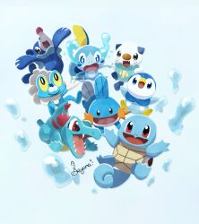  blue_background blue_eyes commentary_request froakie full_body highres mudkip no_humans nostrils open_mouth oshawott piplup pokemon pokemon_(creature) red_eyes seyana_(seyanaillust) signature squirtle tears totodile water_drop water_type_theme_(pokemon) 