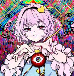  1girl abstract_background black_hairband blouse blue_shirt buttons colorful_background commentary disembodied_linked_eye dot_nose eye_print eyeball frilled_shirt_collar frilled_sleeves frills hair_ornament hairband hands_up heart heart_button heart_hair_ornament highres komeiji_satori looking_at_viewer multicolored_eyes nail_polish open_mouth pink_hair purple_nails red_pupils ribbon-trimmed_collar ribbon_trim shirt short_hair smile solo touhou upper_body wide_sleeves yoma_(lycoris109) 
