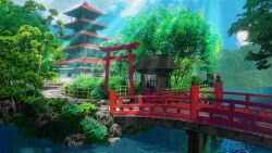  3d architecture blender_(medium) blue_sky bridge clouds cloudy_sky commentary_request commission east_asian_architecture foliage gifu_prefecture japan light_rays miramiramax no_humans original outdoors pagoda real_world_location river rope scenery shide_(shintoism) shimenawa shrine sky torii water 
