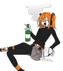  1girl a.i._voice adachi_rei alcohol black_pantyhose black_sweater cigar cigarette gloves highres holding holding_cigar holding_cigarette igasam orange_hair pantyhose shoes side_ponytail sneakers sweater white_gloves 