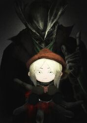  1boy absurdres black_background black_gloves blonde_hair bloodborne commentary_request dark fumo_(doll) gloves gradient_background hands_up hat hen504tai highres hunter_(bloodborne) looking_at_viewer mask mouth_mask open_hand plain_doll upper_body 