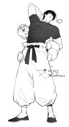  1boy arm_behind_head arm_up baggy_pants closed_mouth commentary_request covered_abs covered_pectorals from_below full_body fushiguro_toji greyscale highres inventory_curse_(jujutsu_kaisen) jujutsu_kaisen male_focus monochrome pants pectorals sashiyu short_hair solo standing white_background 
