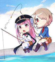  2girls brown_hair chibi chibi_only closed_mouth double_bun fishing fishing_rod hair_bun hair_over_one_eye hat heaven_burns_red holding holding_fishing_rod kayamori_ruka kunimi_tama ledge long_hair multiple_girls ogayan0301 on_ground open_mouth peaked_cap pink_eyes pink_hair red_eyes short_hair 