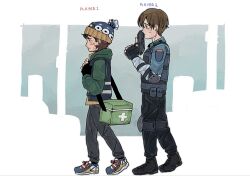  2boys bag beanie black_gloves blue_shirt brown_hair bryan_hodukavich erinntsu fingerless_gloves from_side full_body gloves gun handgun hat highres holding holding_gun holding_weapon hood hood_down hooded_jacket in-franchise_crossover jacket leon_s._kennedy long_sleeves looking_to_the_side male_focus multiple_boys police police_uniform pom_pom_(clothes) pom_pom_beanie resident_evil resident_evil_(2026_movie) resident_evil_2 shirt short_hair shoulder_bag shoulder_pads two-handed undershirt vest walking weapon white_shirt 