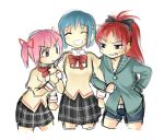  anger_vein arm_hug blue_hair bow casual closed_eyes dddoochi1 denim denim_shorts eyes_closed hair_bow hair_ornament hair_ribbon hairclip hoodie human_tug_of_war kaname_madoka long_hair mahou_shoujo_madoka_magica miki_sayaka multiple_girls pink_eyes pink_hair plaid plaid_skirt ponytail red_hair redhead ribbon sakura_kyouko school_uniform short_hair short_twintails shorts skirt twintails white_background 