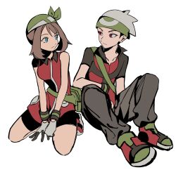  1boy 1girl bandana bike_shorts black_hair black_shorts blue_eyes breasts brendan_(pokemon) brown_hair closed_mouth dress full_body gloves green_bandana hat highres looking_at_another may_(pokemon) medium_breasts pants pokemon pokemon_adventures red_dress red_eyes red_shirt shirt short_sleeves shorts sitting sleeveless sleeveless_dress ttftuv white_background white_hat 