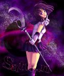  bishoujo_senshi_sailor_moon bob_cut boots bow circlet elbow_gloves from_behind gloves highres index_finger_raised looking_back magical_girl pleated_skirt polearm purple purple_eyes purple_hair raised_finger sailor_saturn saturn silence_glaive skirt solo space taka_(tamtam_na) tomoe_hotaru violet_eyes weapon 