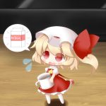  &gt;_&lt; :d :o ascot blonde_hair blush chibi cocozasa cup flandre_scarlet flying_sweatdrops food food_on_face hat hat_ribbon holding milk_carton minigirl open_mouth ribbon shirt side_ponytail skirt skirt_set smile solo speech_bubble spoken_object standing touhou wings 