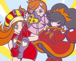  3girls ashley black_hair braid brown_eyes dress glasses gloves green_eyes guitar hair_ornament hat heart holding instrument kyoro1230 long_hair mona mona_(warioware) multiple_girls nintendo official_style orange_hair penny_crygor red_eyes smile staff thighhighs twin_braids twintails v warioware young 