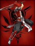  armor black_gloves elsword elsword_(character) gloves male pants red red_background red_eyes red_hair redhead shoes solo sword tabard umikawa_torao weapon 