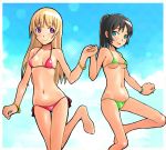  aqua_eyes barefoot bikini black_hair blonde_hair bracelet hand_holding holding_hands jewelry multiple_girls navel original ponytail purple_eyes shuuji_(shumi) side-tie_bikini smile swimsuit violet_eyes 