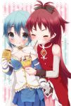  blue_eyes blue_hair blush closed_eyes crepe eyes_closed food highres mahou_shoujo_madoka_magica miki_sayaka multiple_girls pocky red_hair redhead sakura_kyouko takoyaki tottsuan 