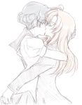  closed_eyes eyes_closed himemiya_anthy hug kiss lavender283 long_hair multiple_girls mutual_yuri pink_hair purple_hair school_uniform serafuku short_hair shoujo_kakumei_utena simple_background sketch spot_color tenjou_utena yuri 