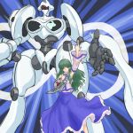 1girl arm_up armpits bare_shoulders card character_request crossover detached_sleeves duel_disk duel_monster emphasis_lines glint green_eyes green_hair hair_ornament highres japanese_clothes kochiya_sanae kuro_suto_sukii long_skirt machine_emperor_wisel_infinity mecha meklord_emperor_wisel skirt solo standing touhou wind yu-gi-oh! yuu-gi-ou