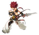  belt elsword elsword_(character) fingerless_gloves gloves hair_over_one_eye long_hair male midriff official_art pants red_eyes red_hair redhead ress shoes solo spiked_hair spiky_hair sword twintails weapon 