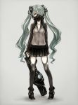  gas_mask green_eyes green_hair hair_over_one_eye hatsune_miku highres kaname_(cherry0732) long_hair simple_background skirt solo thigh-highs thighhighs twintails very_long_hair vocaloid 