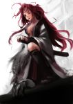  1girl amputee baiken breasts chain claw_(weapon) cleavage facial_mark facial_tattoo forehead_mark goichi greaves guilty_gear japanese_clothes kataginu katana kimono large_breasts long_hair one-eyed open_kimono pink_eyes pink_hair pipe ponytail scar sheath sheathed solo sword tattoo very_long_hair weapon 