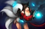  ahri ahri_(league_of_legends) animal_ears bare_shoulders black_hair breasts cleavage fox_ears fox_tail foxgirl large_breasts league_of_legends leaning_forward lips long_hair looking_at_viewer magic multiple_tails na_young_lee solo tail whiskers work_in_progress yellow_eyes 