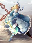  armor armored_dress blonde_hair braid excalibur fate/zero fate_(series) french_braid gauntlets greaves green_eyes highres lunica saber short_hair smile solo sword weapon 